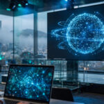 A developer works on a laptop in front of a large stage screen displaying a glowing blue neural-network sphere at an AI conference