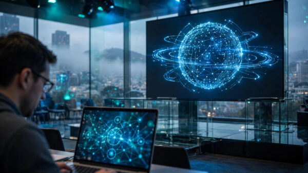 A developer works on a laptop in front of a large stage screen displaying a glowing blue neural-network sphere at an AI conference