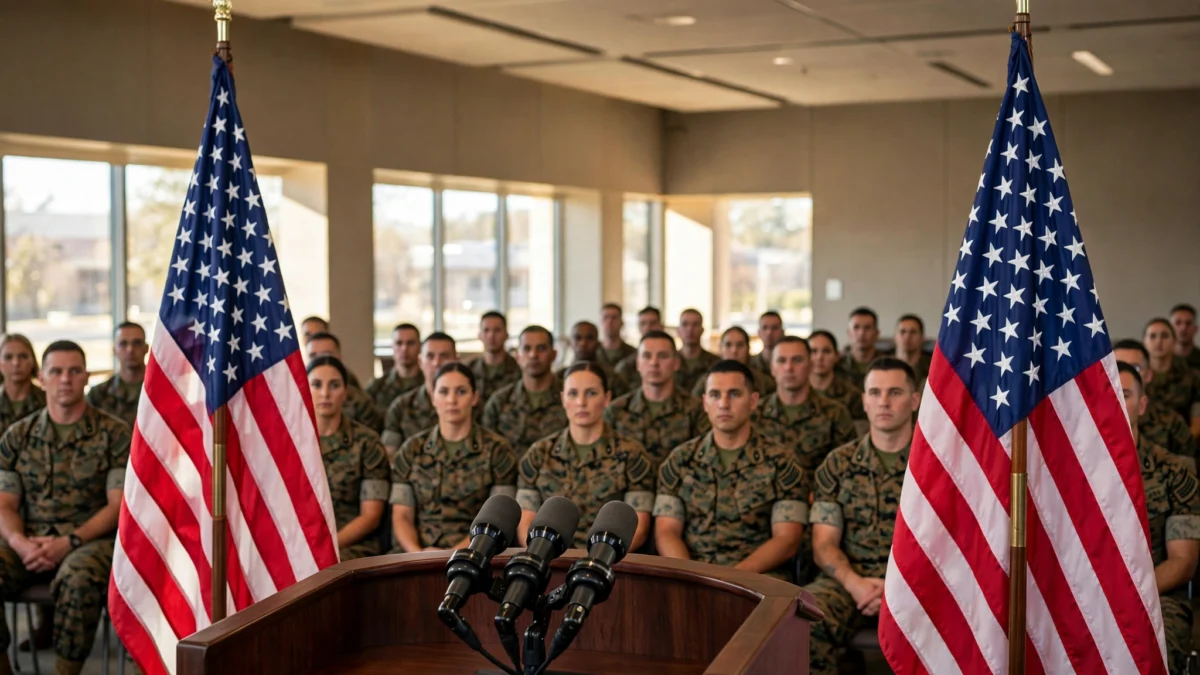 US service members seated at attention before a podium flanked by American flags at a Marine Corps base briefing hall