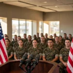 US service members seated at attention before a podium flanked by American flags at a Marine Corps base briefing hall