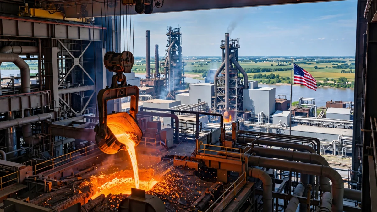 Molten steel being poured inside a modern American steel mill, with furnace towers, the Mississippi river and an American flag in the background