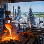 Molten steel being poured inside a modern American steel mill, with furnace towers, the Mississippi river and an American flag in the background
