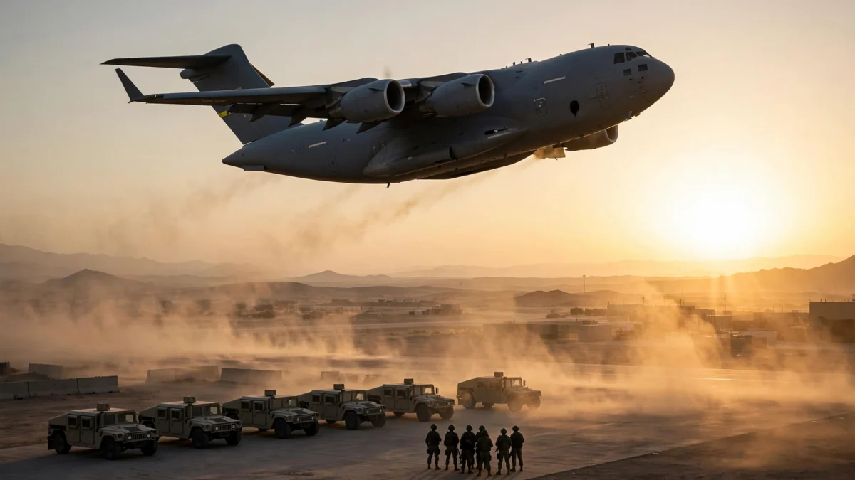 A US military transport aircraft departs a desert airbase in Iraq at dawn as American forces complete their withdrawal.