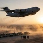 A US military transport aircraft departs a desert airbase in Iraq at dawn as American forces complete their withdrawal.