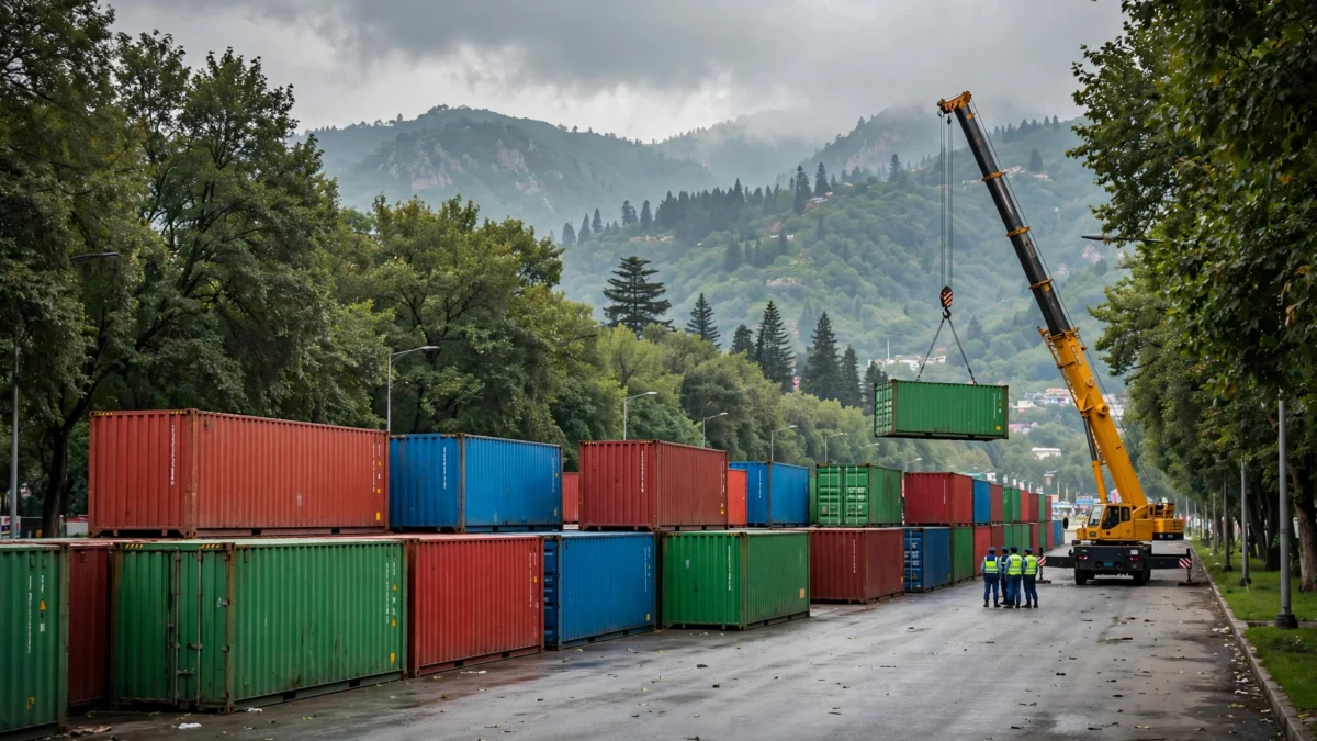 Rows of red, blue and green shipping containers barricade a wide Islamabad boulevard as a crane lowers another into place ahead of PTI's October 4 march.