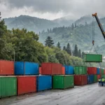 Rows of red, blue and green shipping containers barricade a wide Islamabad boulevard as a crane lowers another into place ahead of PTI's October 4 march.