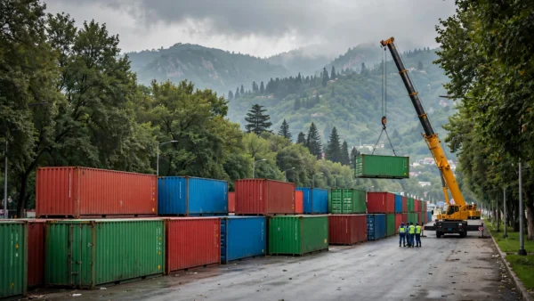 Rows of red, blue and green shipping containers barricade a wide Islamabad boulevard as a crane lowers another into place ahead of PTI's October 4 march.