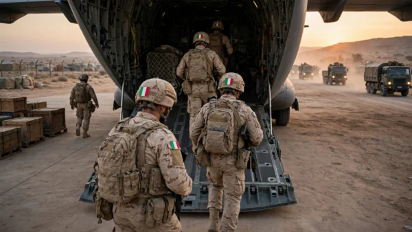 Italian soldiers boarding a military transport aircraft at a desert airbase in Iraq at dusk as the last troops withdraw