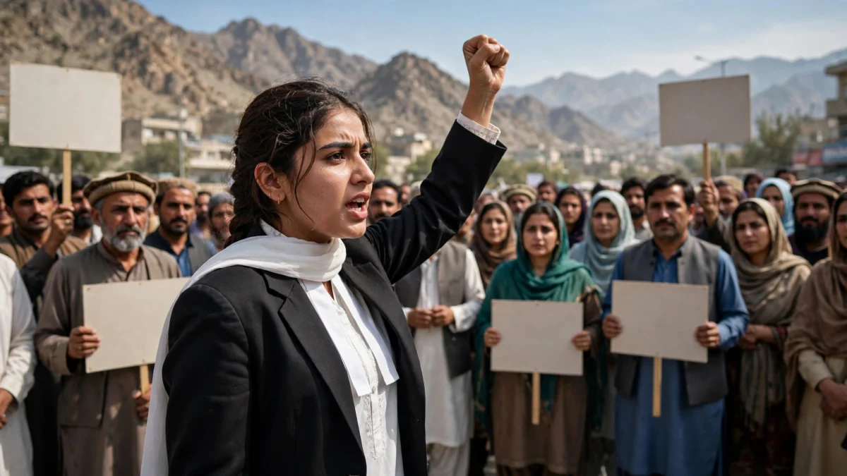 Illustrative editorial photo of a young Pakistani woman lawyer addressing a human rights rally in Quetta, Balochistan, with supporters and blank placards behind her