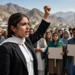 Illustrative editorial photo of a young Pakistani woman lawyer addressing a human rights rally in Quetta, Balochistan, with supporters and blank placards behind her