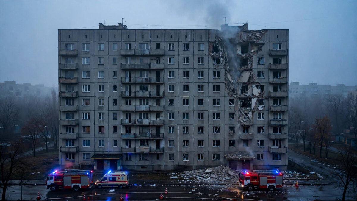 Damaged apartment building in Kharkiv, Ukraine, with emergency vehicles after a Russian guided bomb strike
