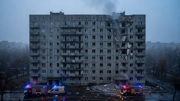 Damaged apartment building in Kharkiv, Ukraine, with emergency vehicles after a Russian guided bomb strike