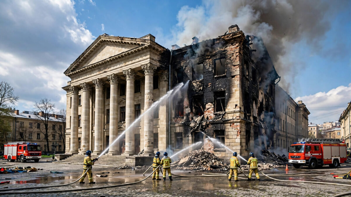 Firefighters battling flames at the fire-damaged historic building of Ukraine's National Academy of Sciences in Kyiv after a Russian drone strike