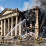 Firefighters battling flames at the fire-damaged historic building of Ukraine's National Academy of Sciences in Kyiv after a Russian drone strike