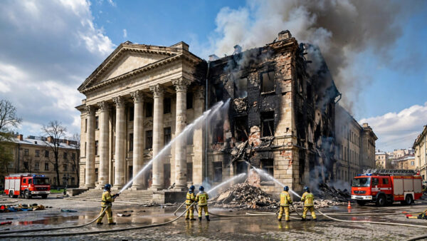 Firefighters battling flames at the fire-damaged historic building of Ukraine's National Academy of Sciences in Kyiv after a Russian drone strike