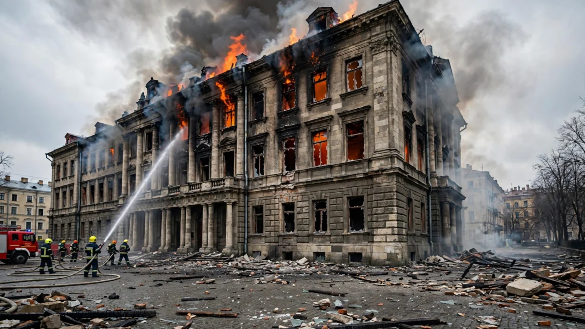 Firefighters battling the blaze at Kyiv's historic National Academy of Sciences after a Russian jet-powered drone strike set it ablaze.