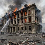 Firefighters battling the blaze at Kyiv's historic National Academy of Sciences after a Russian jet-powered drone strike set it ablaze.