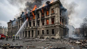 Firefighters battling the blaze at Kyiv's historic National Academy of Sciences after a Russian jet-powered drone strike set it ablaze.