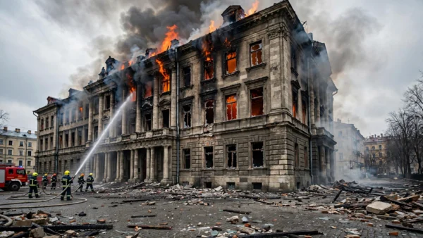 Firefighters battling the blaze at Kyiv's historic National Academy of Sciences after a Russian jet-powered drone strike set it ablaze.