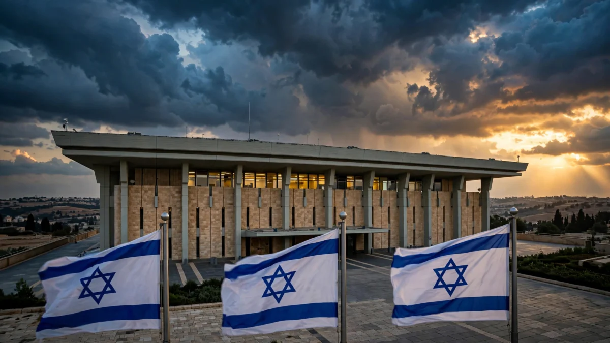 The Knesset, Israel's parliament in Jerusalem, at dusk with Israeli flags flying, ahead of the October 27 general election.