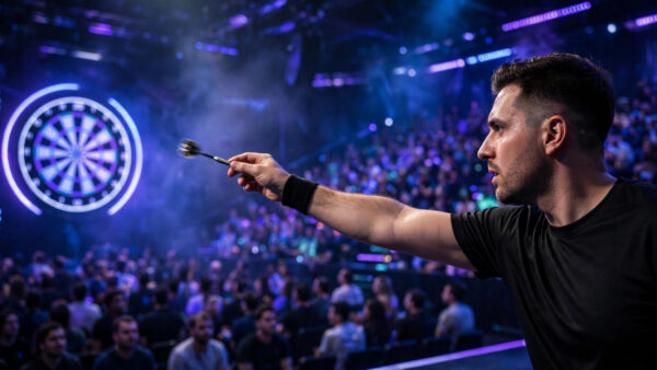 A darts player mid-throw in a packed arena during the World Grand Prix.