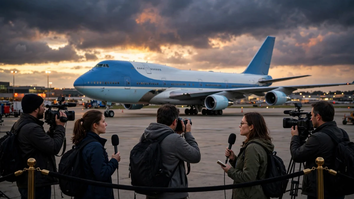 Journalists and TV camera crews behind a barrier on an airport tarmac as a presidential jumbo jet stands ready at dusk.