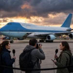 Journalists and TV camera crews behind a barrier on an airport tarmac as a presidential jumbo jet stands ready at dusk.