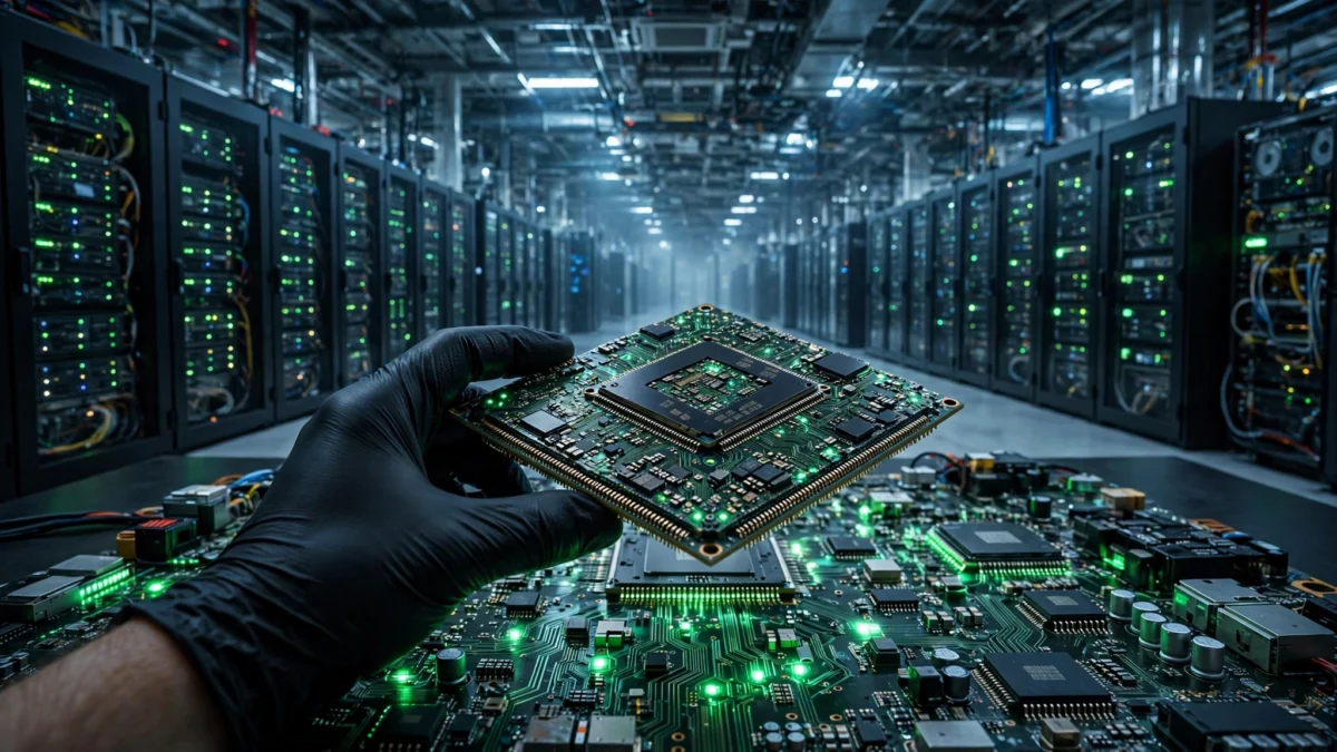 AI data center server hall with glowing green racks and a computer chip — illustrating Nvidia's AI safety platform and record share buyback announcement
