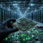 AI data center server hall with glowing green racks and a computer chip — illustrating Nvidia's AI safety platform and record share buyback announcement