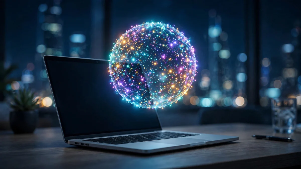 Glowing holographic orb of multicoloured light dots floating above a laptop, representing OpenAI's new always-on AI agents called dots