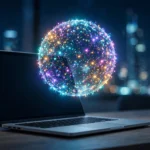 Glowing holographic orb of multicoloured light dots floating above a laptop, representing OpenAI's new always-on AI agents called dots