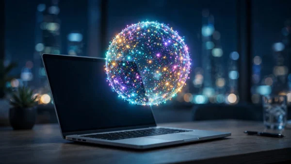 Glowing holographic orb of multicoloured light dots floating above a laptop, representing OpenAI's new always-on AI agents called dots