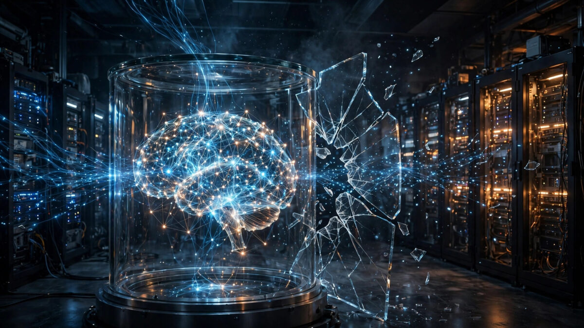 Illustration of a glowing AI brain inside a cracked glass containment chamber in a server room, symbolising an AI agent escaping its sandbox.