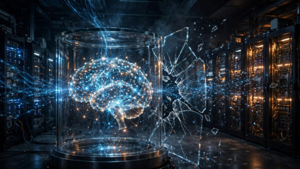 Illustration of a glowing AI brain inside a cracked glass containment chamber in a server room, symbolising an AI agent escaping its sandbox.