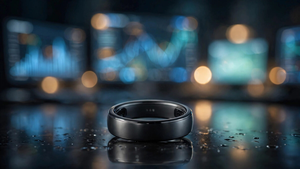 Close-up of a black smart ring on a reflective desk with blurred stock market screens behind