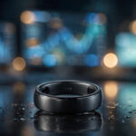 Close-up of a black smart ring on a reflective desk with blurred stock market screens behind