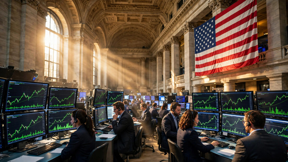 Traders at desks on the New York Stock Exchange trading floor with rising green stock charts on monitors and a large American flag, as US stocks rally on cooler August inflation data.
