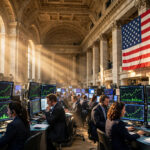 Traders at desks on the New York Stock Exchange trading floor with rising green stock charts on monitors and a large American flag, as US stocks rally on cooler August inflation data.