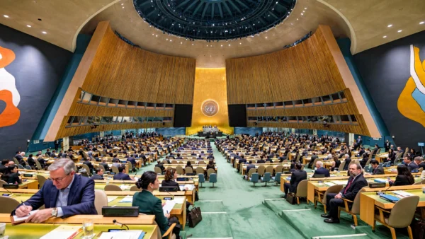 Delegates seated in the United Nations General Assembly hall during a session in New York