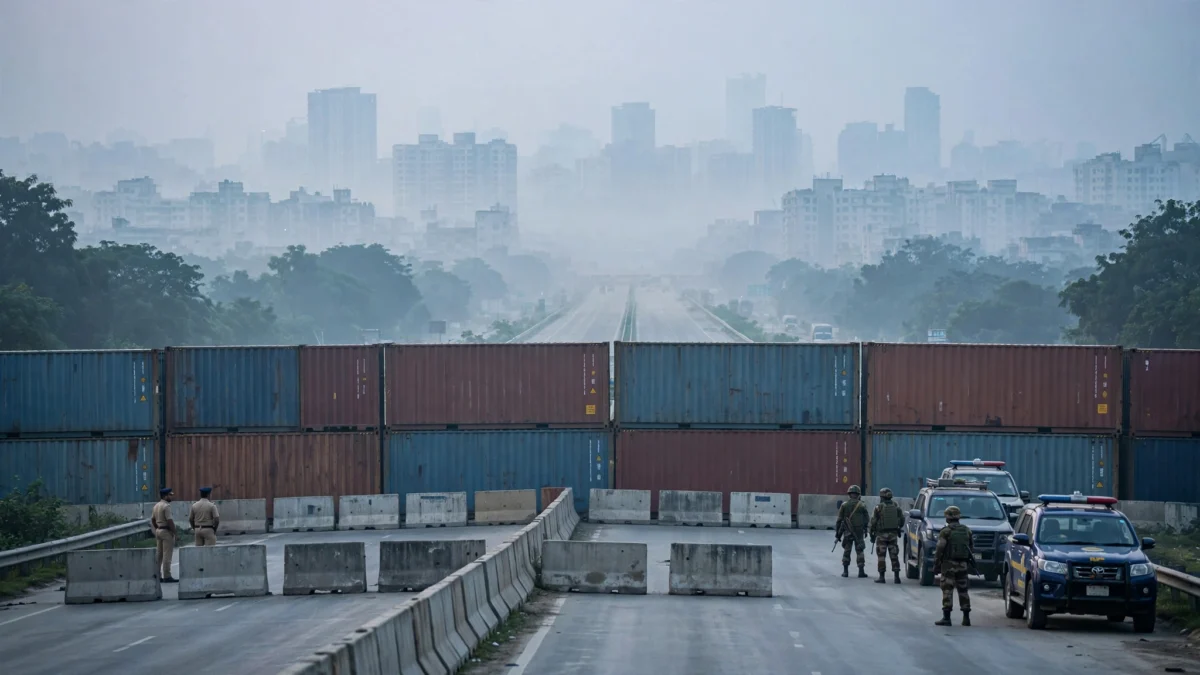 Shipping containers and concrete barriers sealing a highway toward Islamabad at dawn, with security personnel and police vehicles on guard