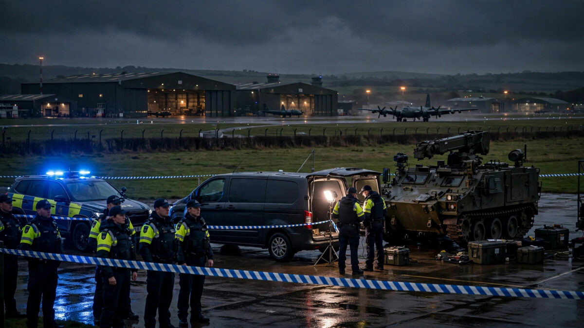 British police officers and an army bomb disposal vehicle at a cordon near RAF Fairford after five men were arrested.