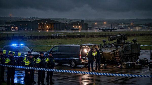 British police officers and an army bomb disposal vehicle at a cordon near RAF Fairford after five men were arrested.