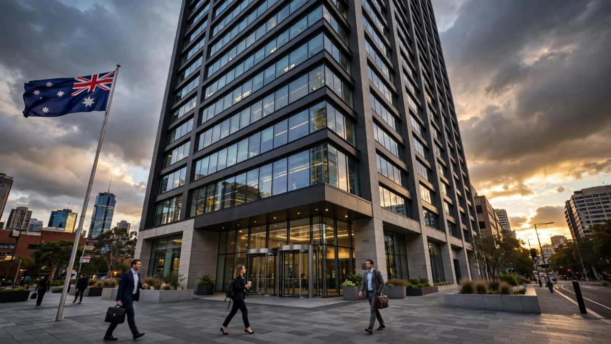 Modern office tower in Sydney at dusk with the Australian flag flying, home to the Reserve Bank of Australia ahead of its rate decision.