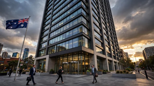 Modern office tower in Sydney at dusk with the Australian flag flying, home to the Reserve Bank of Australia ahead of its rate decision.