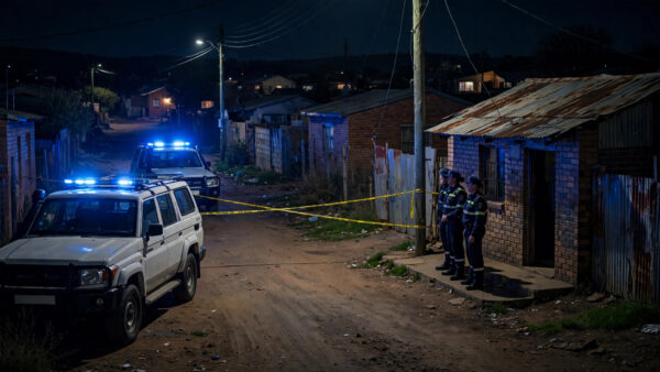 Night-time police cordon in a South African township after mass shootings near Johannesburg and Cape Town.