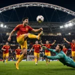 Spanish players celebrate a late winning goal against England at Wembley Stadium under floodlights
