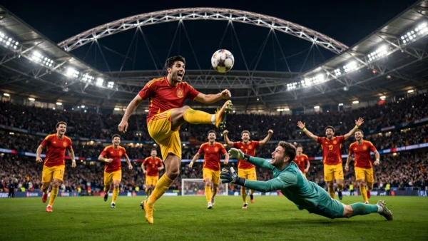 Spanish players celebrate a late winning goal against England at Wembley Stadium under floodlights