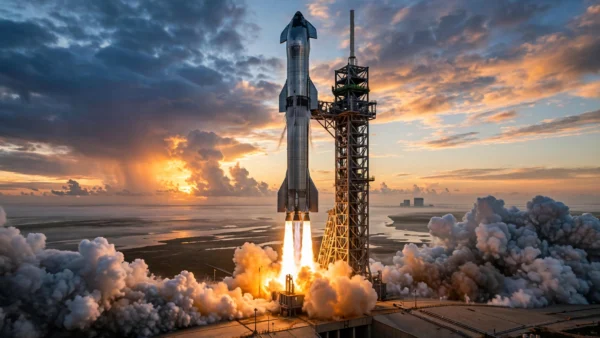 Starship rocket on the orbital launch pad at dawn with engines igniting