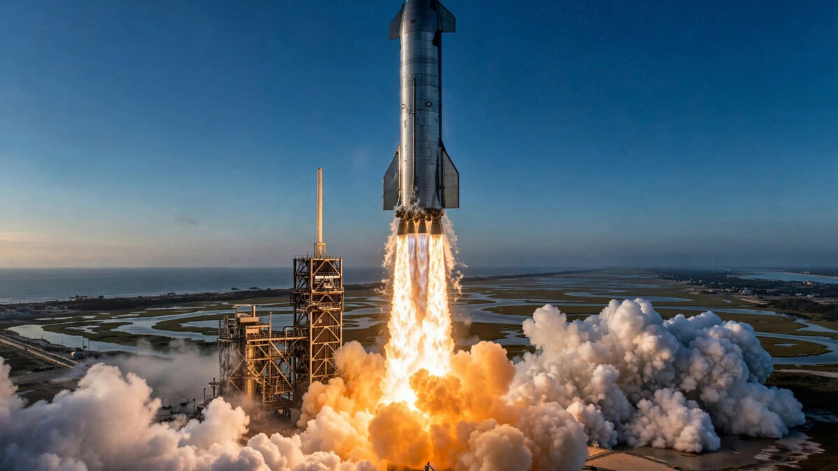 SpaceX Starship rocket launching at dawn from Starbase, Texas.