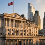 The Bank of England facade with the Union Jack flying, backed by City of London skyscrapers at golden hour